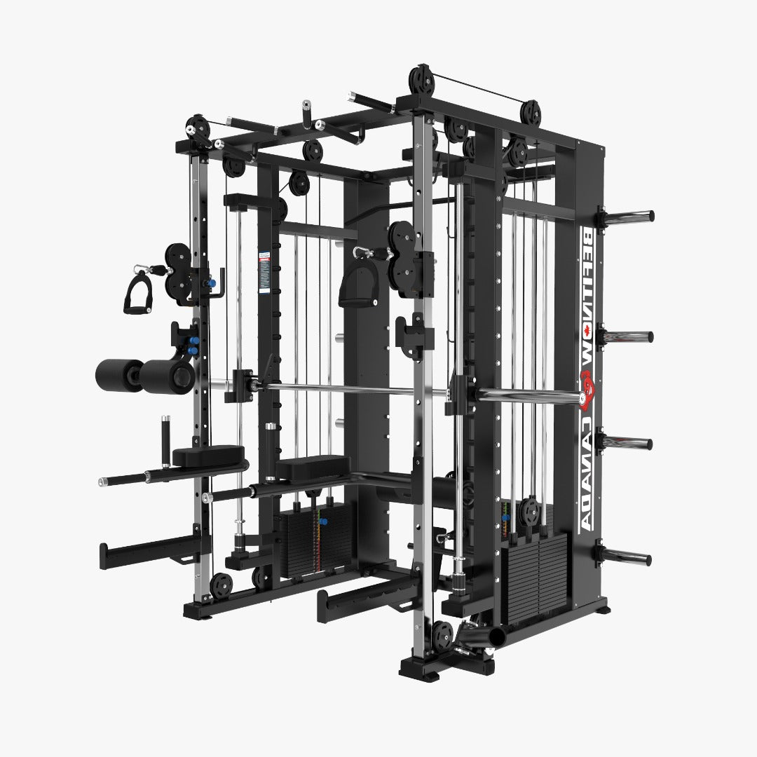 The Relentless Trainer Smith Machine by BefitNow Canada is a multifunctional gym system with cables, weight rack, adjustable pulleys, and more. Designed for comprehensive strength training, it features a sleek black and silver look.