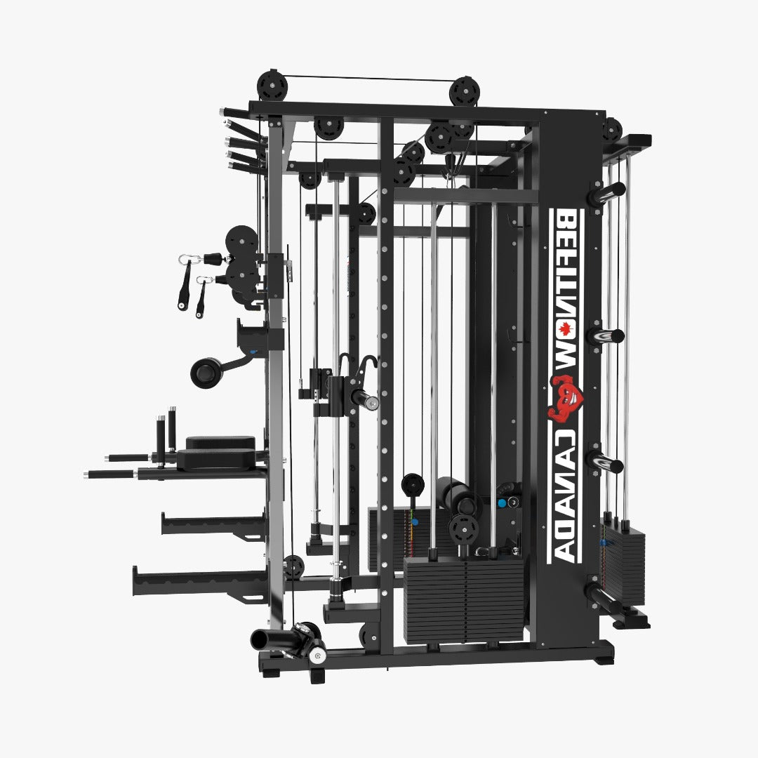 The Relentless Trainer Smith Machine by BefitNow Canada is a versatile strength system featuring weights, pulleys, and handles. It boasts a sleek black design with visible cables and brand logos on its robust commercial frame.