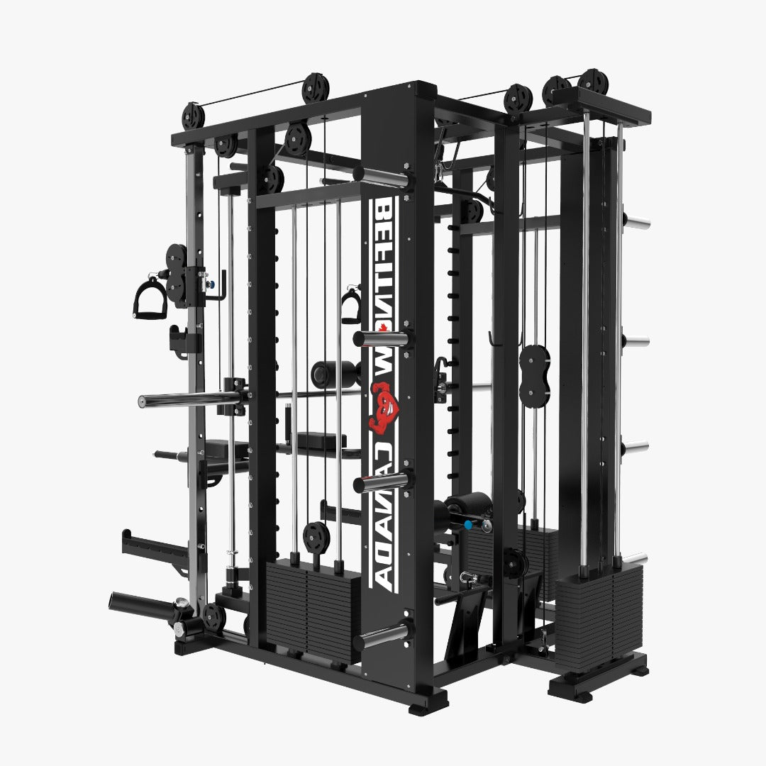 The Relentless Trainer Smith Machine by BefitNow Canada is a versatile strength training system with cables, pulleys, and weight stacks. It features adjustable components and handles for full-body workouts, and comes in black with some brand labeling visible.