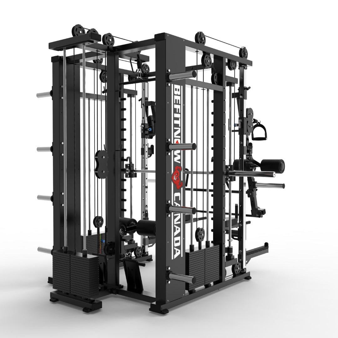 The Relentless Trainer Smith Machine by BefitNow Canada is a versatile black gym machine equipped with various pulleys, cables, multiple handles, attachments, and weight plate storage pegs for comprehensive weight training.