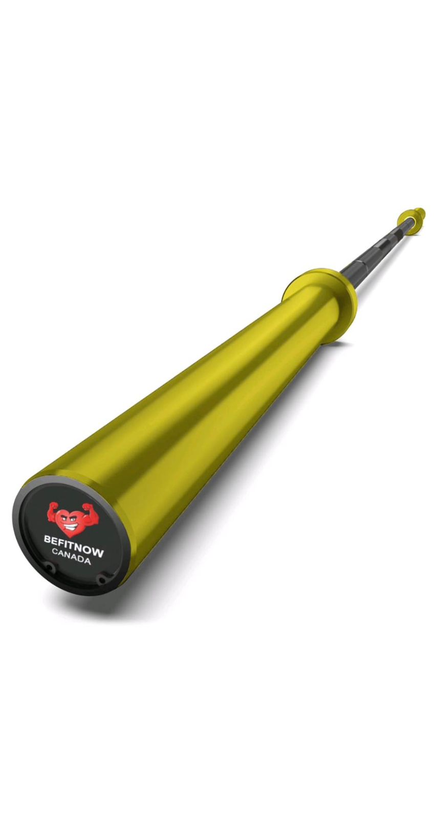 A yellow and black Olympic-style barbell is angled against a white backdrop, featuring the BefitNow Canada logo on the end cap in red and white, reflecting the brands commitment to premium Custom Barbells.
