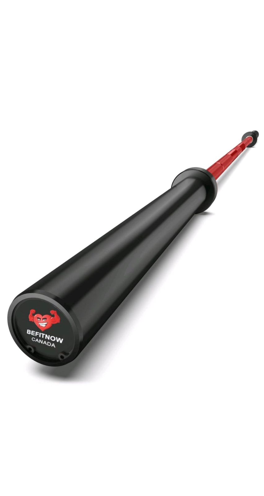 A black and red baseball bat with BefitNow Canada printed on the bottom sits on a white surface. Its handle subtly tapers into a broader barrel, reminiscent of the meticulous design of Custom Barbells.