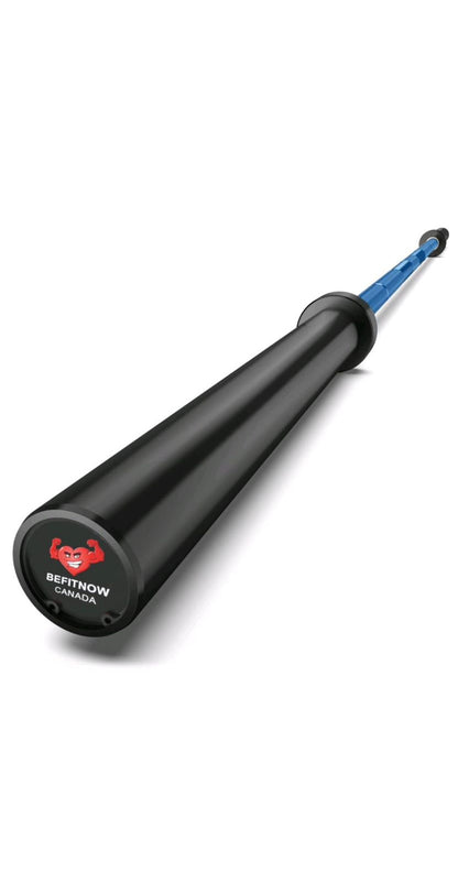 A side view of a Custom Barbells bat by BefitNow Canada features a sleek black cylinder design with a blue handle and tapered shape. The base has a red logo and Befitnow Canada text, resembling the style of custom barbells.