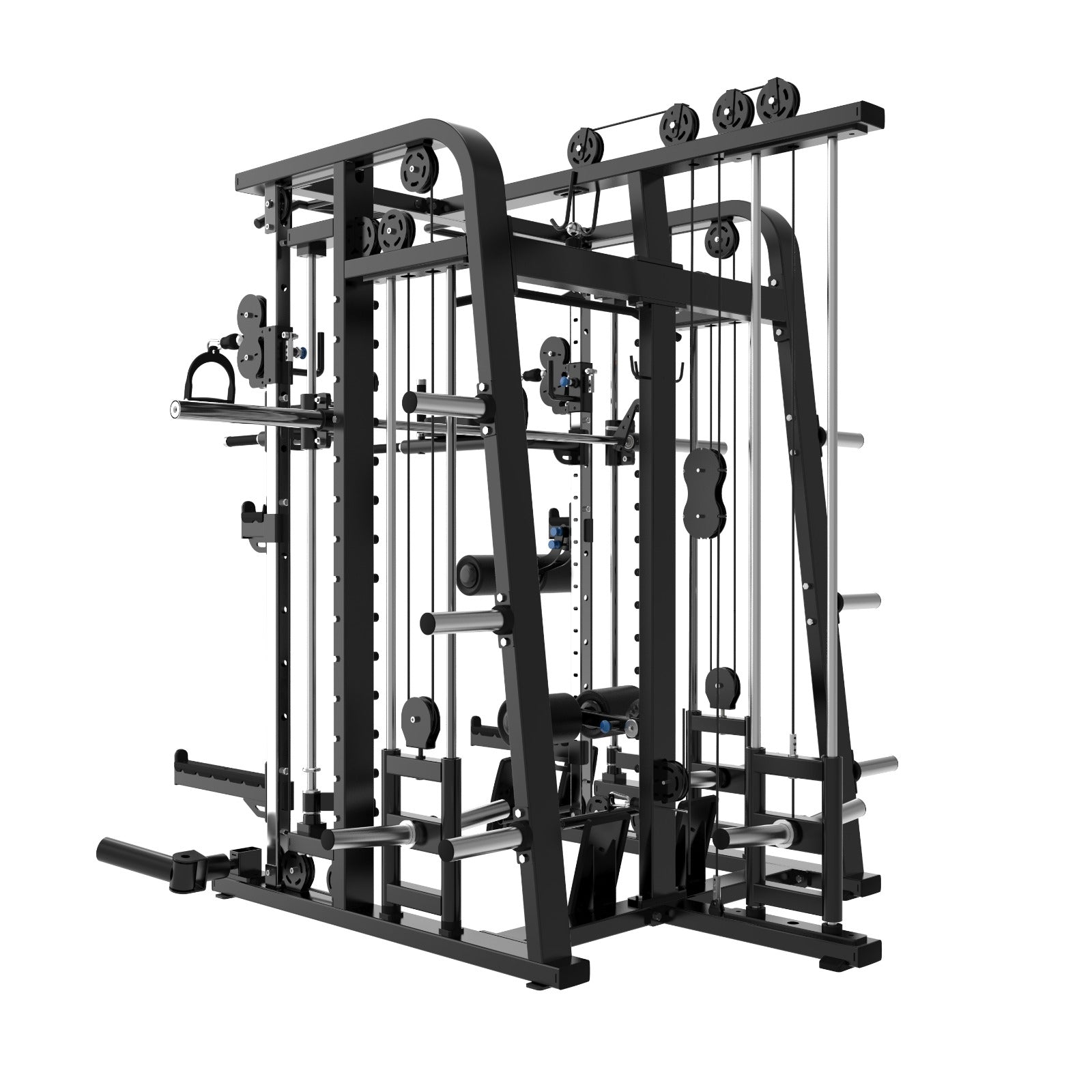The Befitnow Canada Heavy Duty Smith Machine features black metal framing, cables, pulleys, bars, and attachments for versatile strength training including squats, bench press, and lat pulldowns—all in one multifunctional trainer.