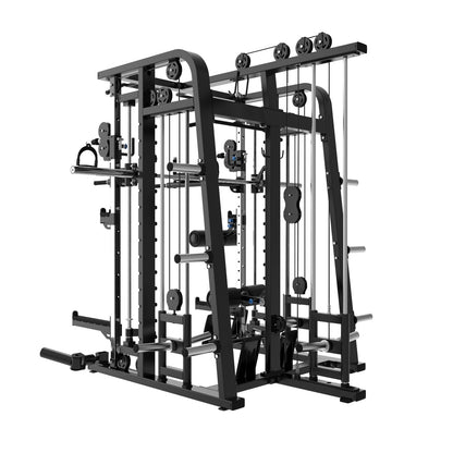 The Befitnow Canada Heavy Duty Smith Machine features black metal framing, cables, pulleys, bars, and attachments for versatile strength training including squats, bench press, and lat pulldowns—all in one multifunctional trainer.