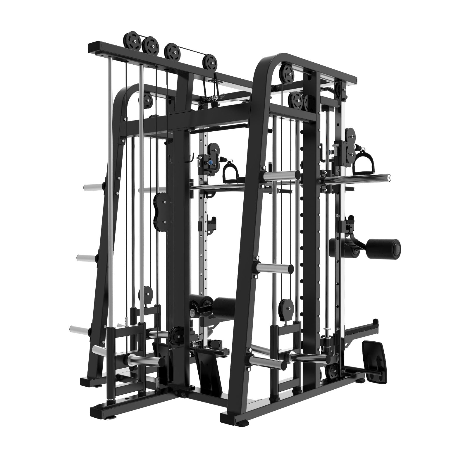 The Befitnow Canada Heavy Duty Smith Machine is a black and silver, multi-functional all-in-one trainer with pulleys, cables, handles, bars, and attachments for strength training. Shown against a white background.
