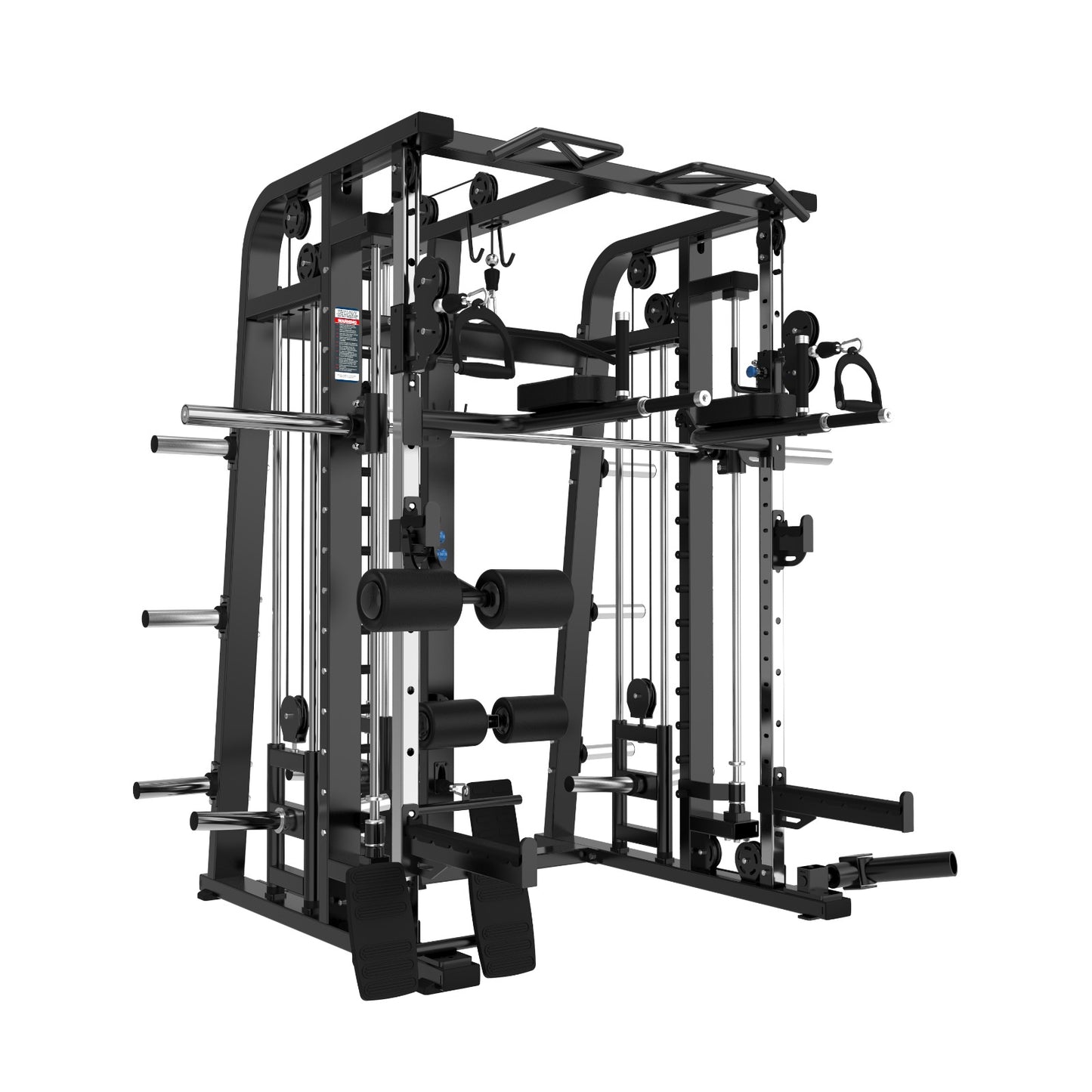 The Befitnow Canada Heavy Duty Smith Machine is an all-in-one trainer with pulleys, bars, weight plate holders, cables, and attachments for strength exercises like squats, bench press, pull-ups, and lat pulldowns.