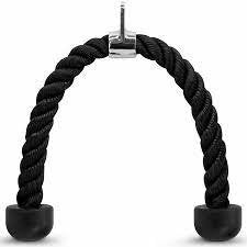 The Tri Rope Pull Down by BefitNow Canada is a black tricep rope with a chrome connector and two knotted ends, ideal for home gyms and strength training.