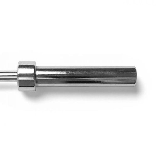 The sleek, cylindrical weight of the BefitNow Canada Powerlifting Barbell is showcased in a close-up against a white background, highlighting its precision engineering. The polished surface gleams flawlessly.