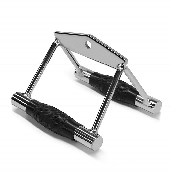 The BefitNow Canada V Handle is a chrome-plated cable attachment with black rubber grips, ideal for fitness exercises such as seated rows or pushdowns. It includes a central hole for easy connection to machines.