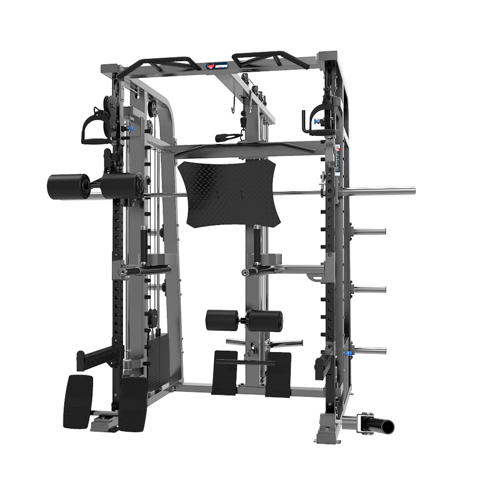 Introducing the Mr. Monster Commercial Smith Machine by BefitNow Canada, ideal for home gyms with its power rack, pulley system, and weight storage pegs. It includes a pull-up bar and various attachments for a complete workout experience at home.