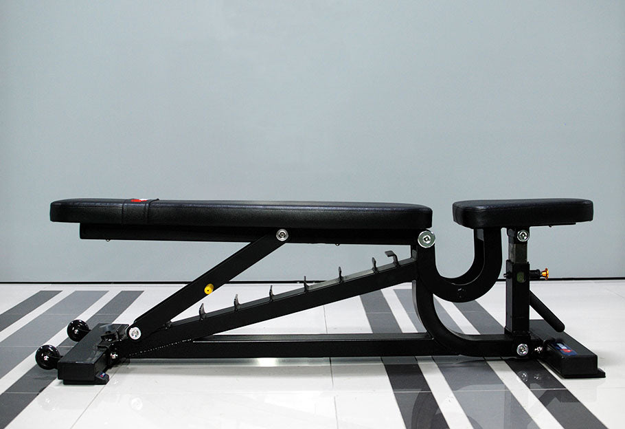 The BefitNow Canada TM87 Fully Adjustable Commercial Bench, featuring a padded seat and backrest, rests against a plain gray wall. Its sleek black frame includes adjustment knobs for incline settings, while the glossy floor beneath highlights elegant striped patterns.