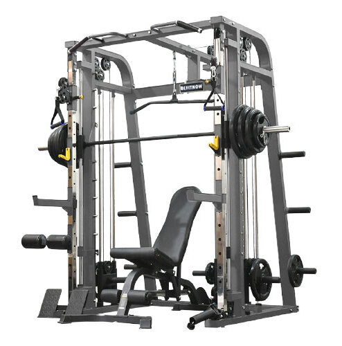 The BefitNow Canada Heavy Duty Smith Machine, ideal for home gyms, includes a bench, barbell with weight plates, adjustable bars, and a pulley system. Its sturdy metal frame supports various strength exercises to elevate your fitness routine.