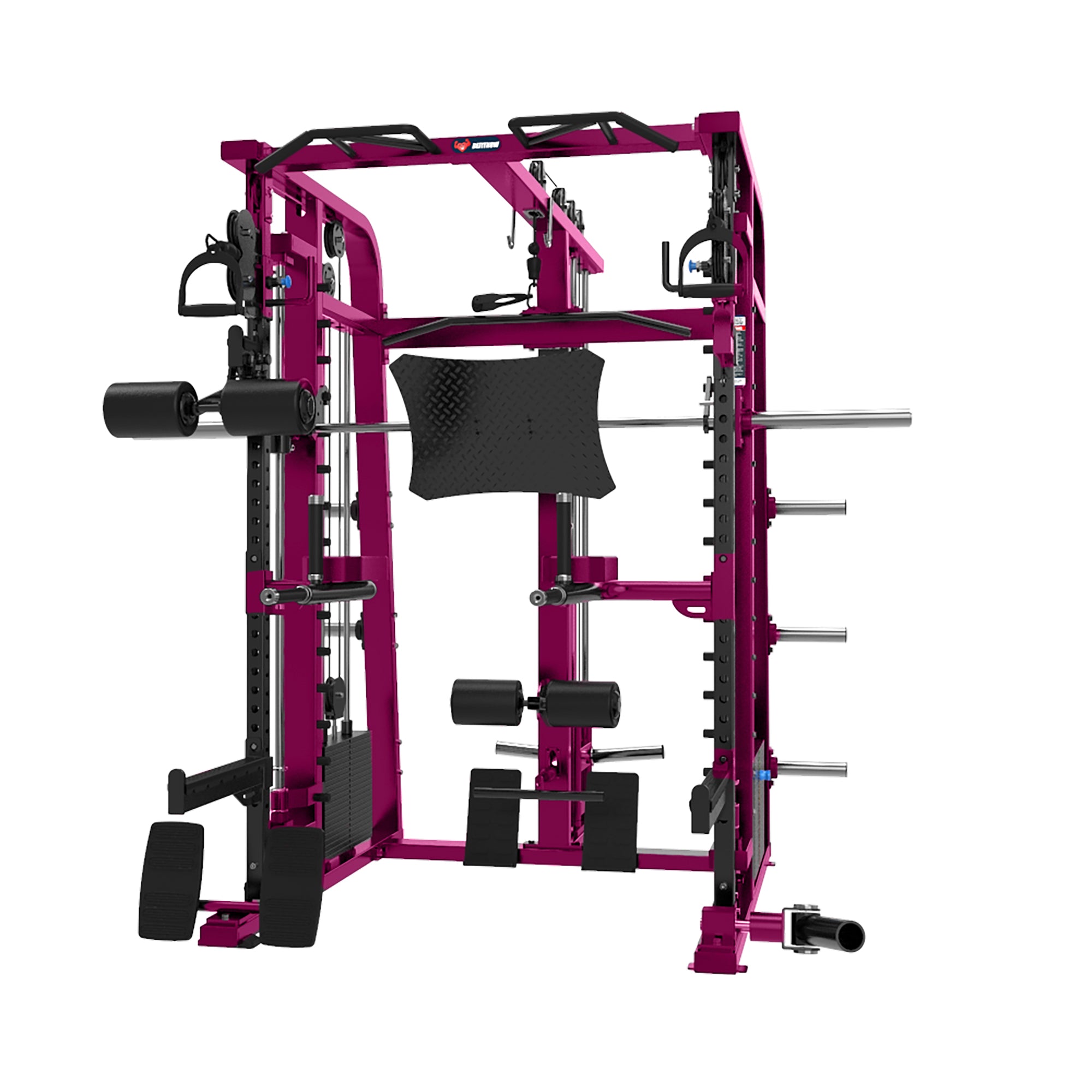 Introducing the vibrant pink Mr. Monster Commercial Smith Machine by BefitNow Canada, a multi-functional gym power rack perfect for home gyms, complete with pull-up bars, weight storage pegs, a barbell holder, padded supports, and adjustable components to enhance various exercises.