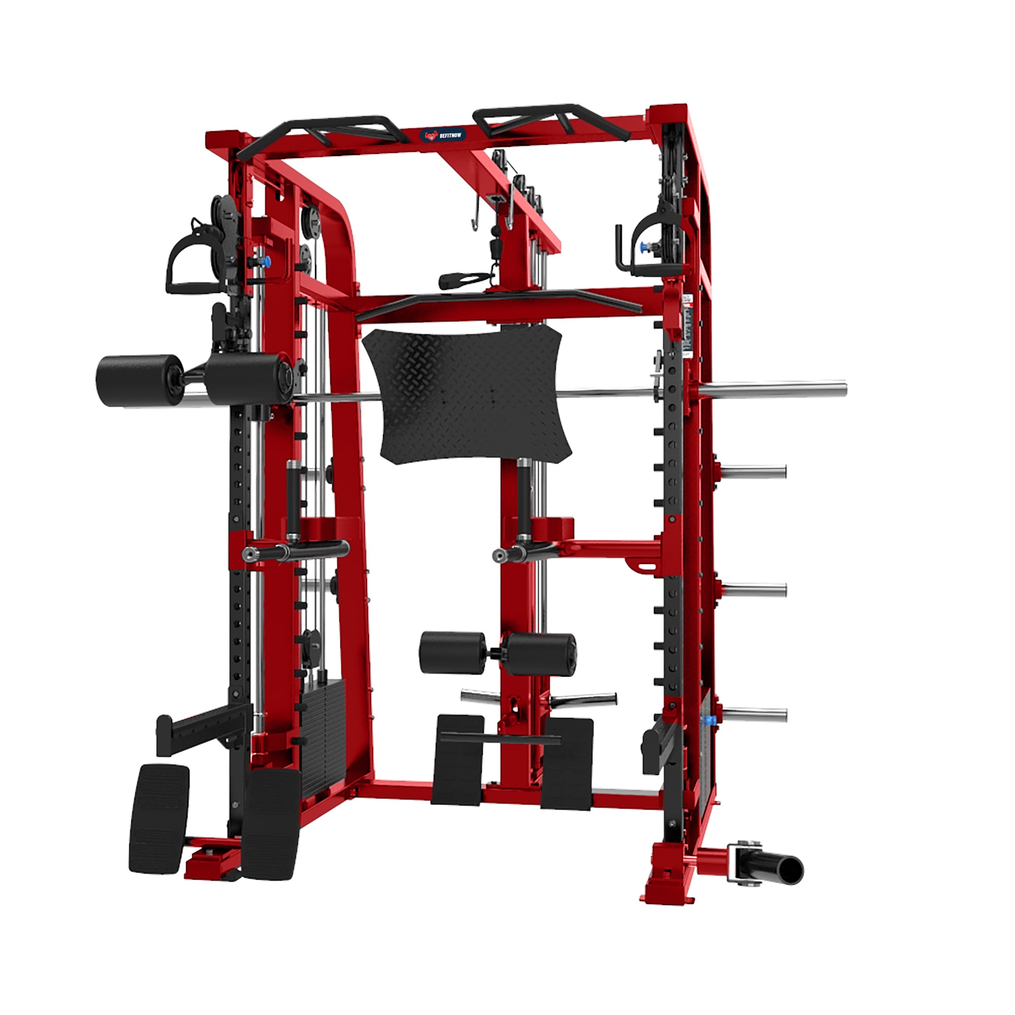 Introducing the Mr. Monster Commercial Smith Machine by BefitNow Canada, a versatile addition to your home gym. Equipped with a pull-up bar, plate storage, leg curl pad, and barbell holder, its perfect for strength training and transforming any space into a fitness haven!.