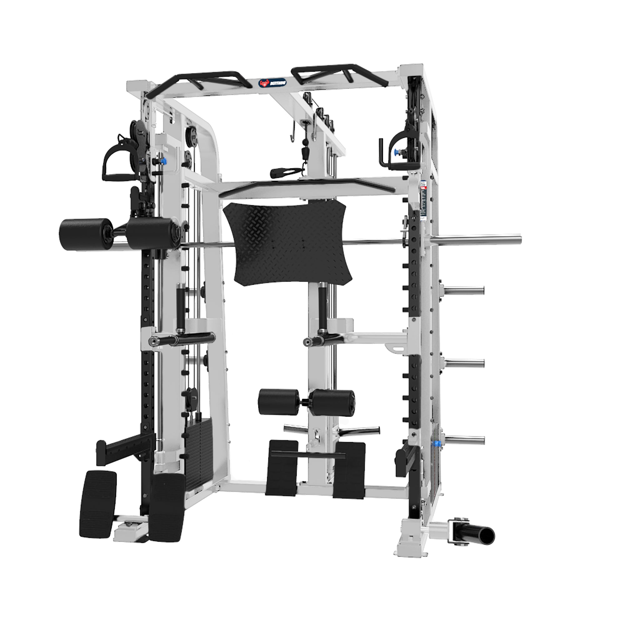 Introducing the Mr. Monster Commercial Smith Machine from BefitNow Canada, a versatile home gym featuring attachments like a pull-up bar, adjustable weight bars, leg supports, and weight plate storage racks—your complete fitness companion for strength training and workouts.