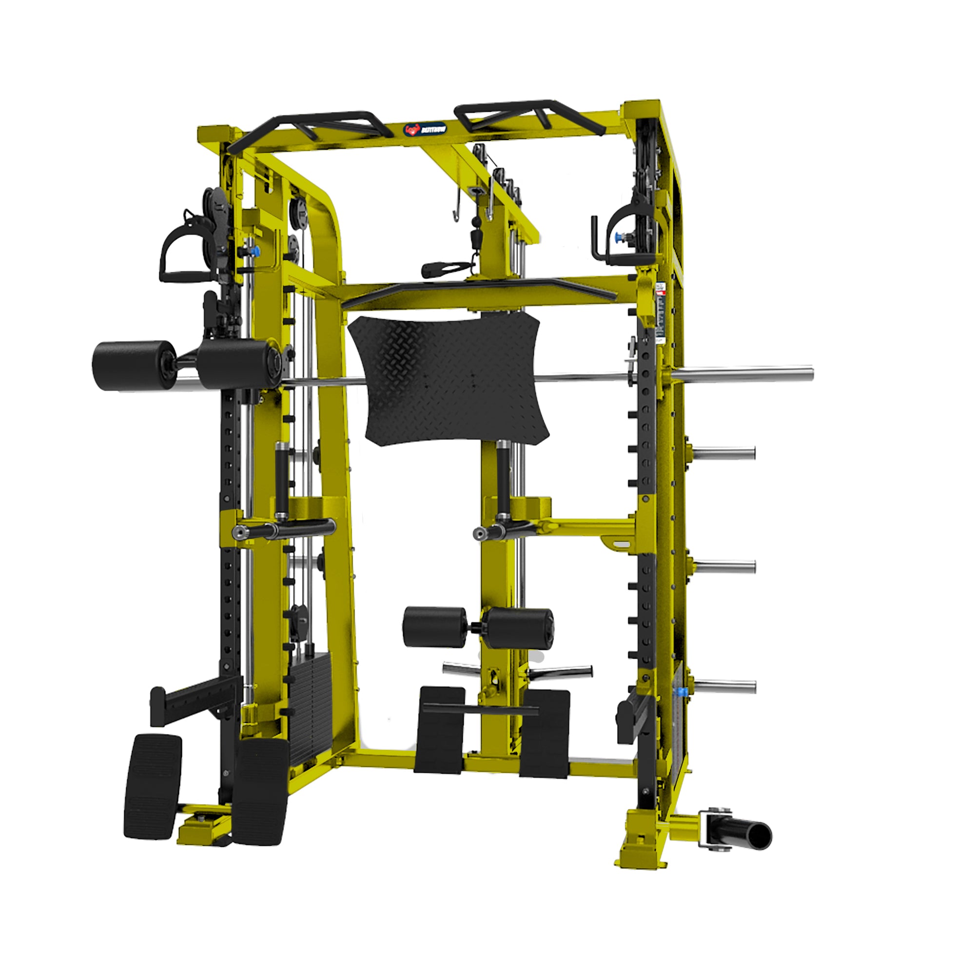 The yellow Mr. Monster Commercial Smith Machine by BefitNow Canada is ideal for home or gym use. It features a pull-up bar, barbell supports, and resistance bands, making it perfect against a simple white backdrop.